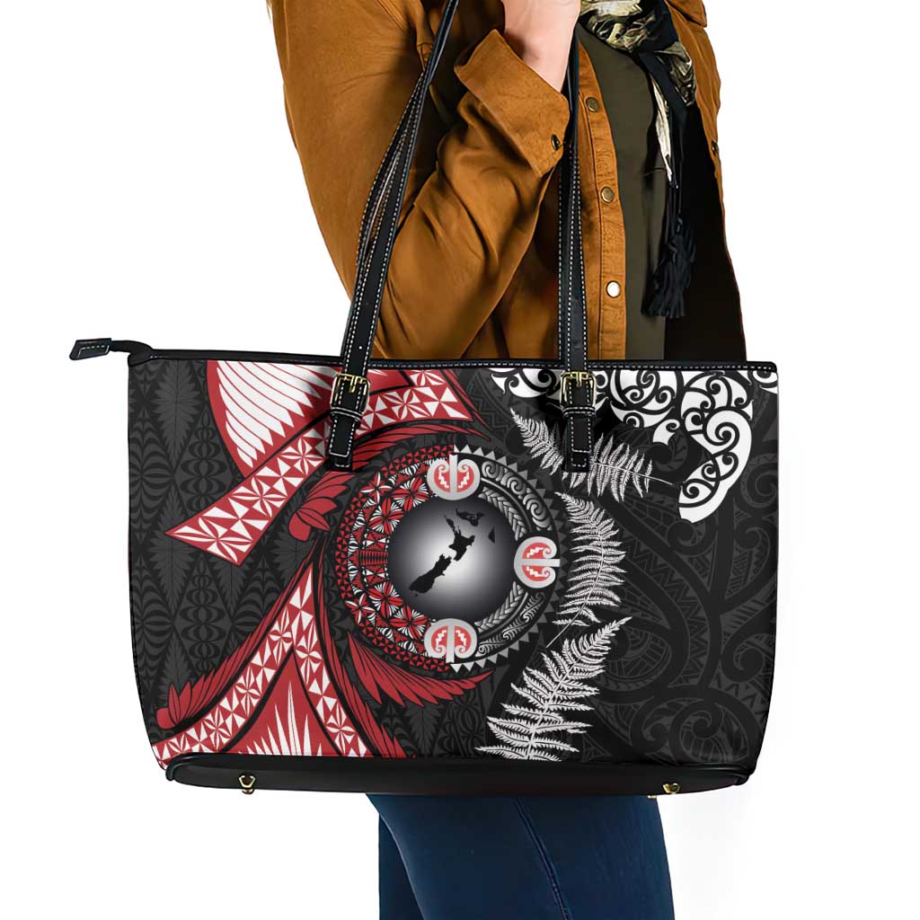 Tonga and New Zealand Together Leather Tote Bag Ngatu Art Tribal Maori Tattoo and Silver Fern LT03 - Polynesian Pride
