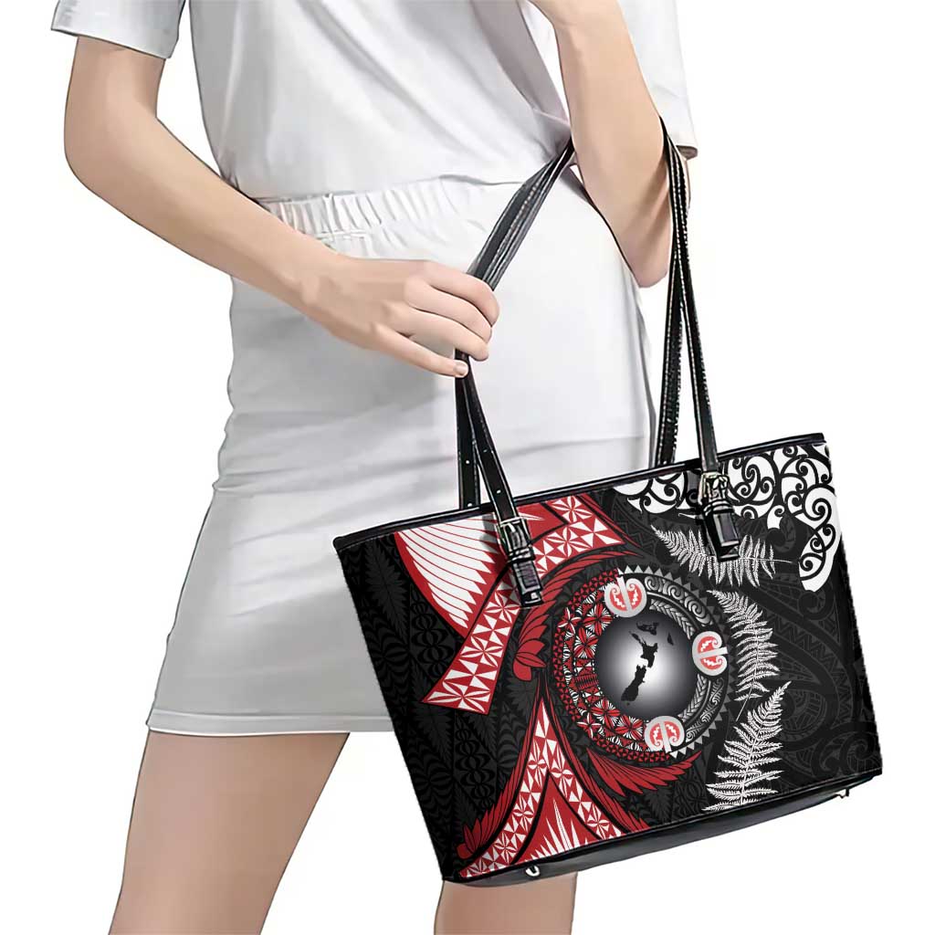 Tonga and New Zealand Together Leather Tote Bag Ngatu Art Tribal Maori Tattoo and Silver Fern LT03 - Polynesian Pride
