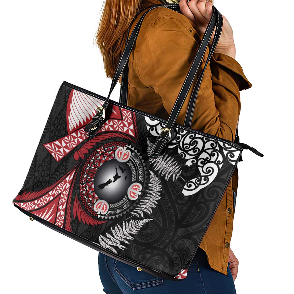 Tonga and New Zealand Together Leather Tote Bag Ngatu Art Tribal Maori Tattoo and Silver Fern LT03 - Polynesian Pride