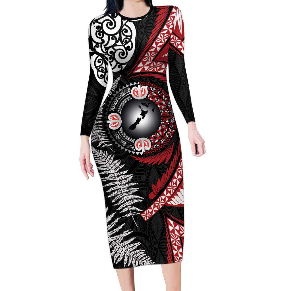 Tonga and New Zealand Together Long Sleeve Bodycon Dress Ngatu Art Tribal Maori Tattoo and Silver Fern LT03 Long Dress Black - Polynesian Pride