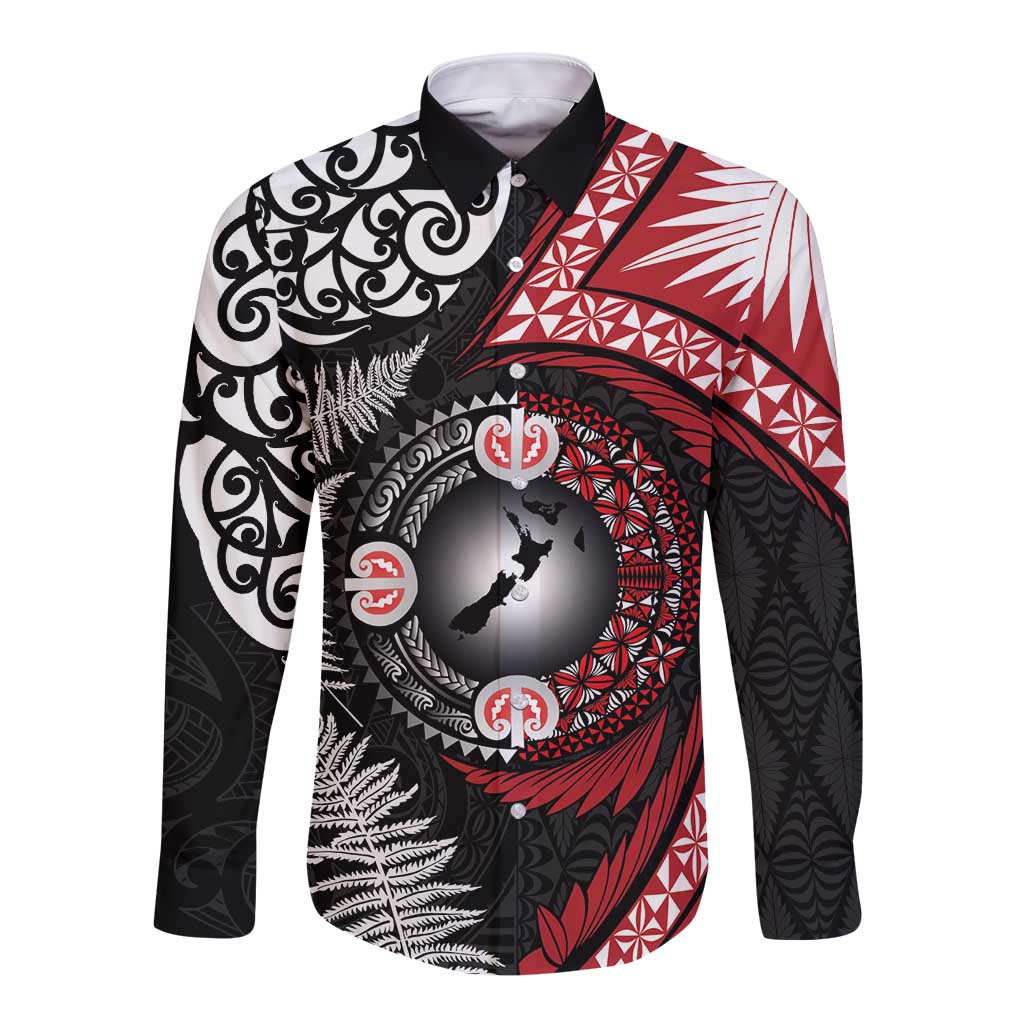 Tonga and New Zealand Together Long Sleeve Button Shirt Ngatu Art Tribal Maori Tattoo and Silver Fern