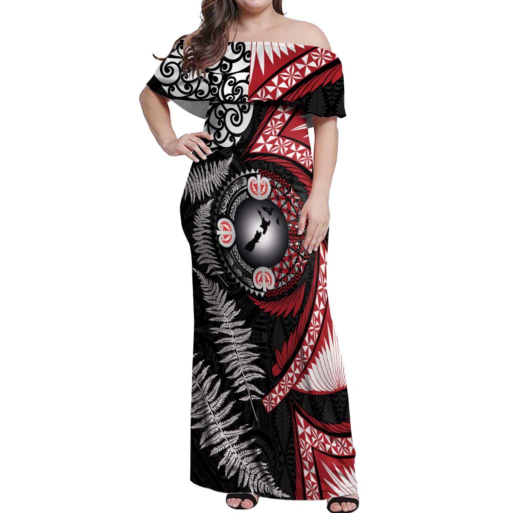 Tonga and New Zealand Together Off Shoulder Maxi Dress Ngatu Art Tribal Maori Tattoo and Silver Fern LT03 Women Black - Polynesian Pride