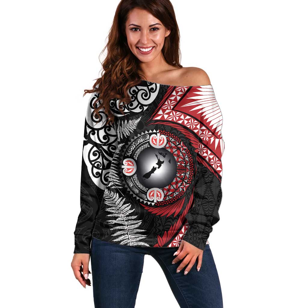 Tonga and New Zealand Together Off Shoulder Sweater Ngatu Art Tribal Maori Tattoo and Silver Fern LT03 Women Black - Polynesian Pride