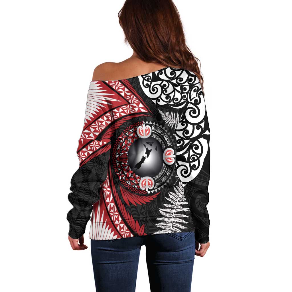 Tonga and New Zealand Together Off Shoulder Sweater Ngatu Art Tribal Maori Tattoo and Silver Fern LT03 - Polynesian Pride