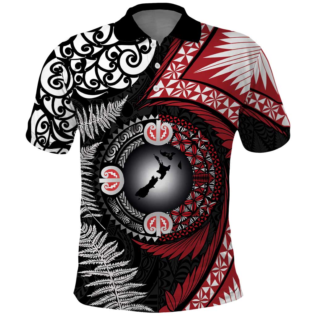 Tonga and New Zealand Together Polo Shirt Ngatu Art Tribal Maori Tattoo and Silver Fern LT03 Black - Polynesian Pride