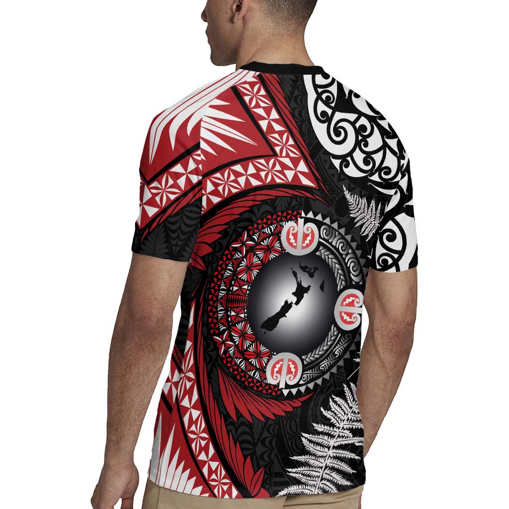 Tonga and New Zealand Together Rugby Jersey Ngatu Art Tribal Maori Tattoo and Silver Fern