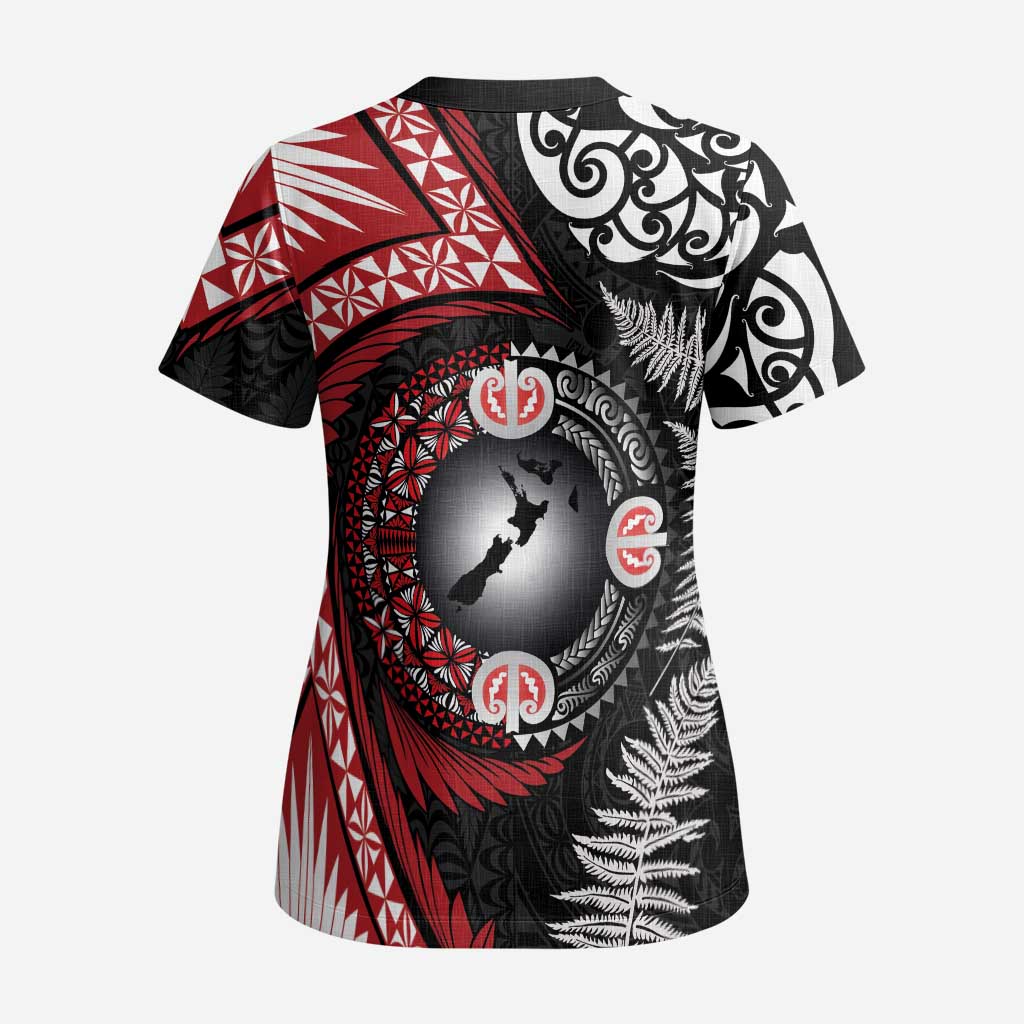 Tonga and New Zealand Together Scrub Top Ngatu Art Tribal Maori Tattoo and Silver Fern - Polynesian Pride