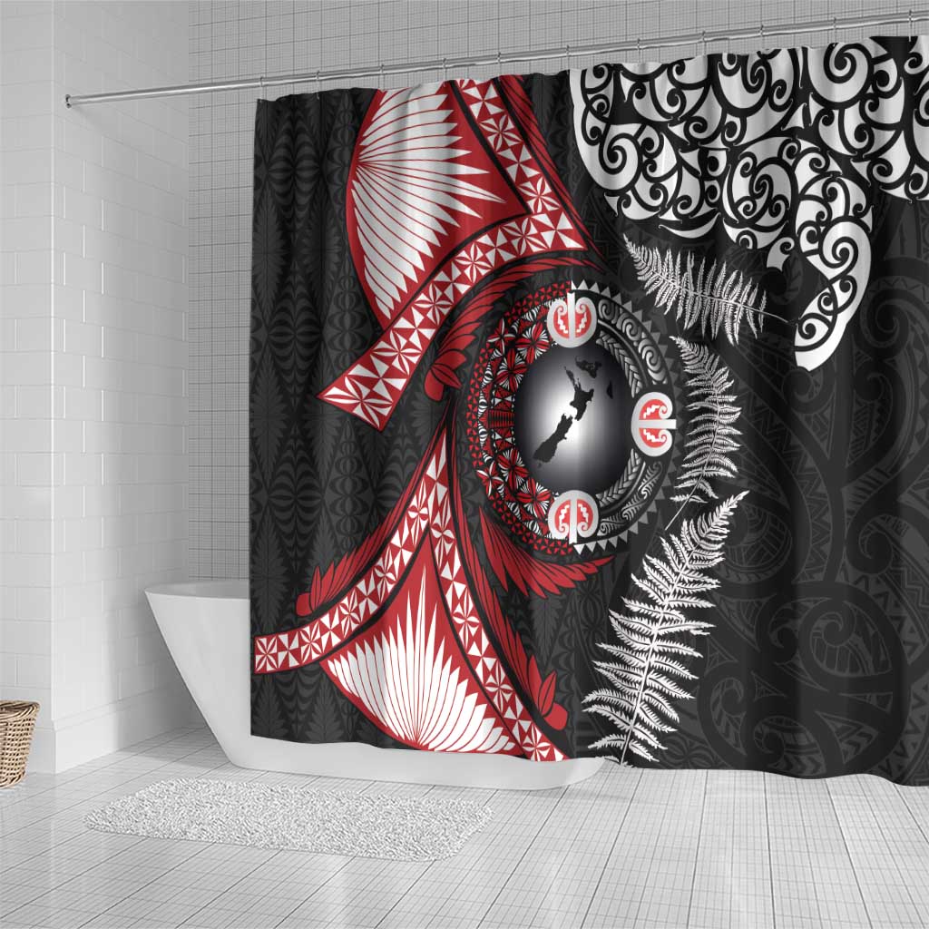 Tonga and New Zealand Together Shower Curtain Ngatu Art Tribal Maori Tattoo and Silver Fern LT03 - Polynesian Pride