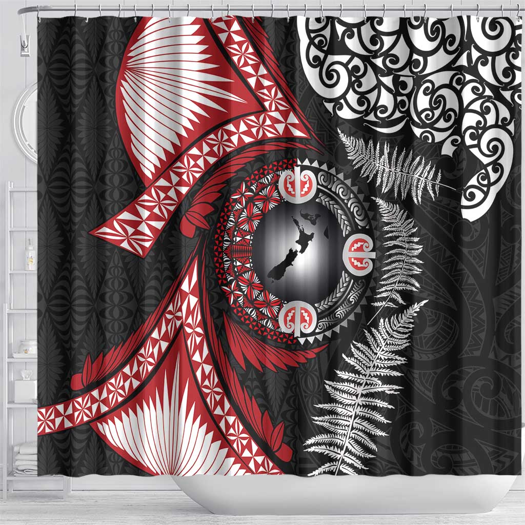 Tonga and New Zealand Together Shower Curtain Ngatu Art Tribal Maori Tattoo and Silver Fern LT03 - Polynesian Pride