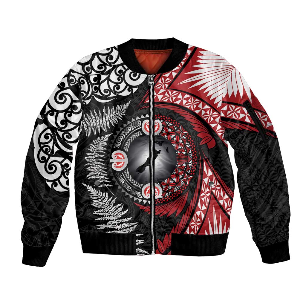 Tonga and New Zealand Together Sleeve Zip Bomber Jacket Ngatu Art Tribal Maori Tattoo and Silver Fern LT03 Unisex Black - Polynesian Pride