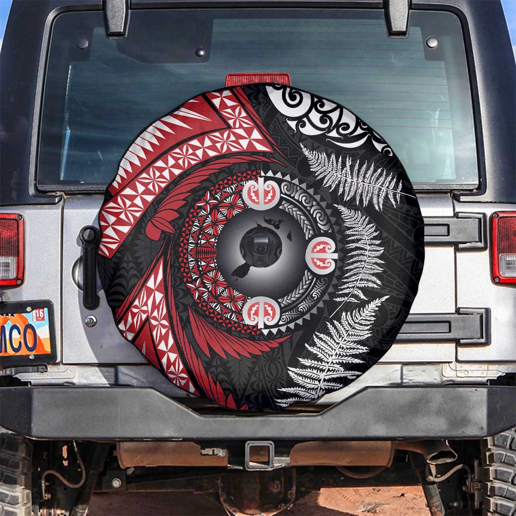 Tonga and New Zealand Together Spare Tire Cover Ngatu Art Tribal Maori Tattoo and Silver Fern LT03 Black - Polynesian Pride