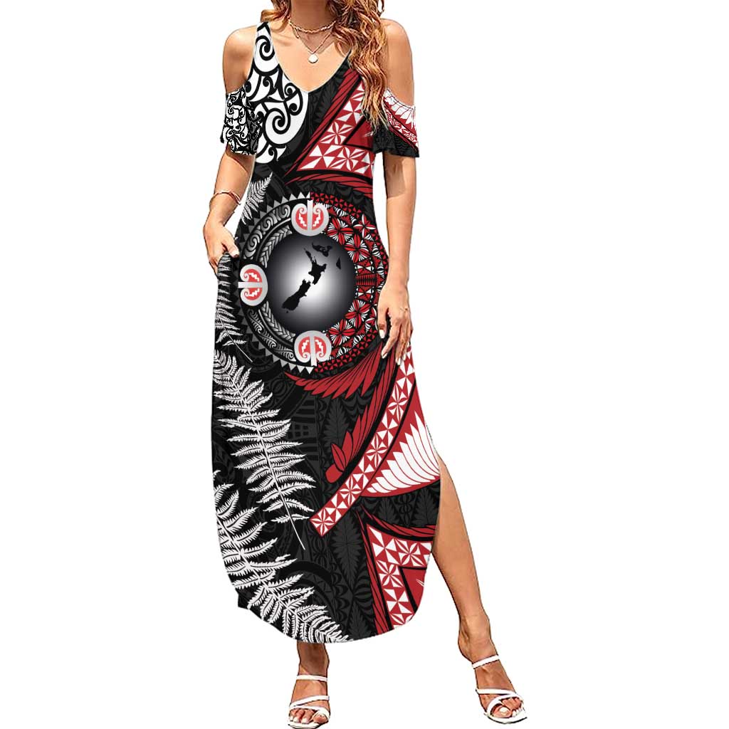 Tonga and New Zealand Together Summer Maxi Dress Ngatu Art Tribal Maori Tattoo and Silver Fern LT03 Women Black - Polynesian Pride