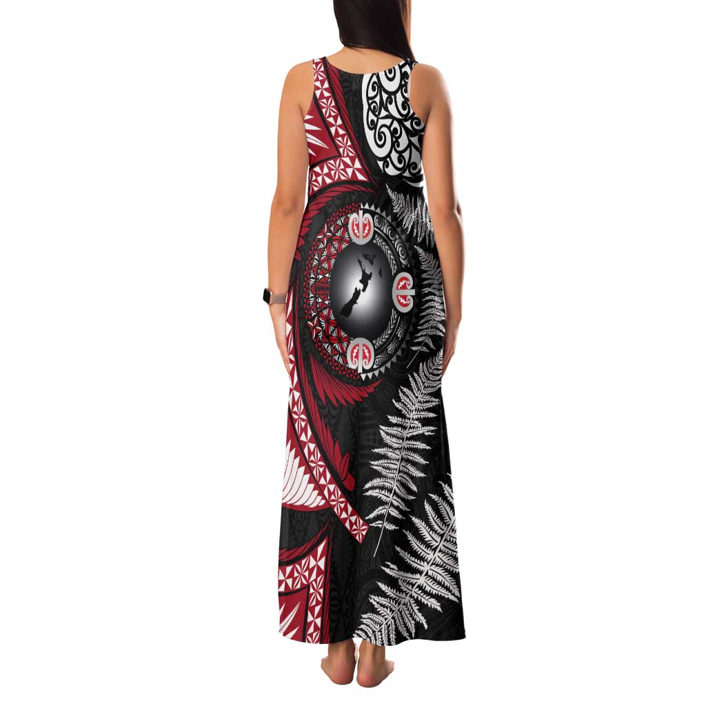 Tonga and New Zealand Together Tank Maxi Dress Ngatu Art Tribal Maori Tattoo and Silver Fern LT03 - Polynesian Pride