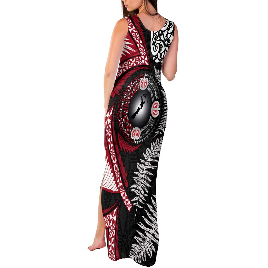 Tonga and New Zealand Together Tank Maxi Dress Ngatu Art Tribal Maori Tattoo and Silver Fern LT03 - Polynesian Pride
