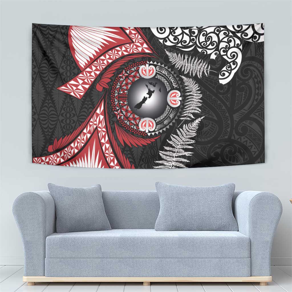 Tonga and New Zealand Together Tapestry Ngatu Art Tribal Maori Tattoo and Silver Fern LT03 - Polynesian Pride
