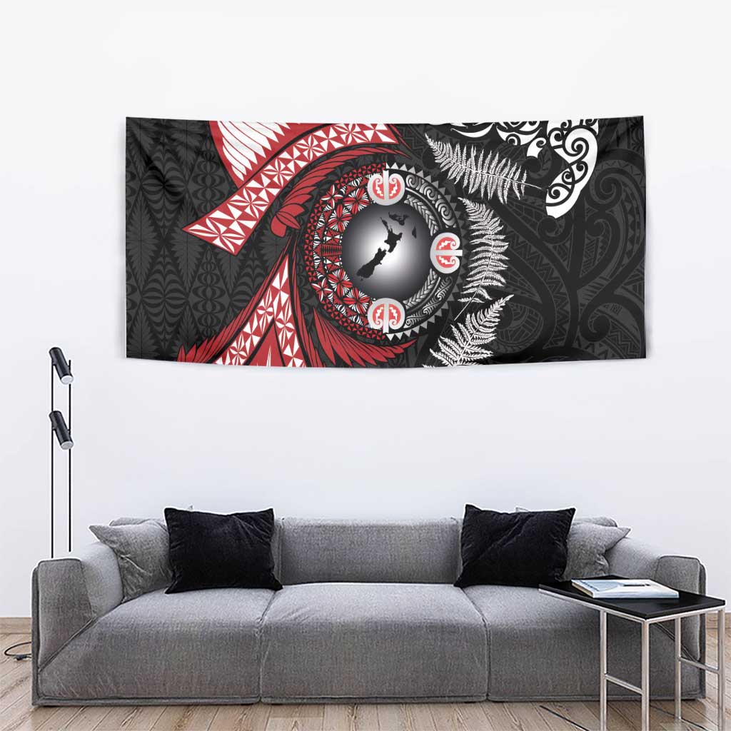 Tonga and New Zealand Together Tapestry Ngatu Art Tribal Maori Tattoo and Silver Fern LT03 - Polynesian Pride