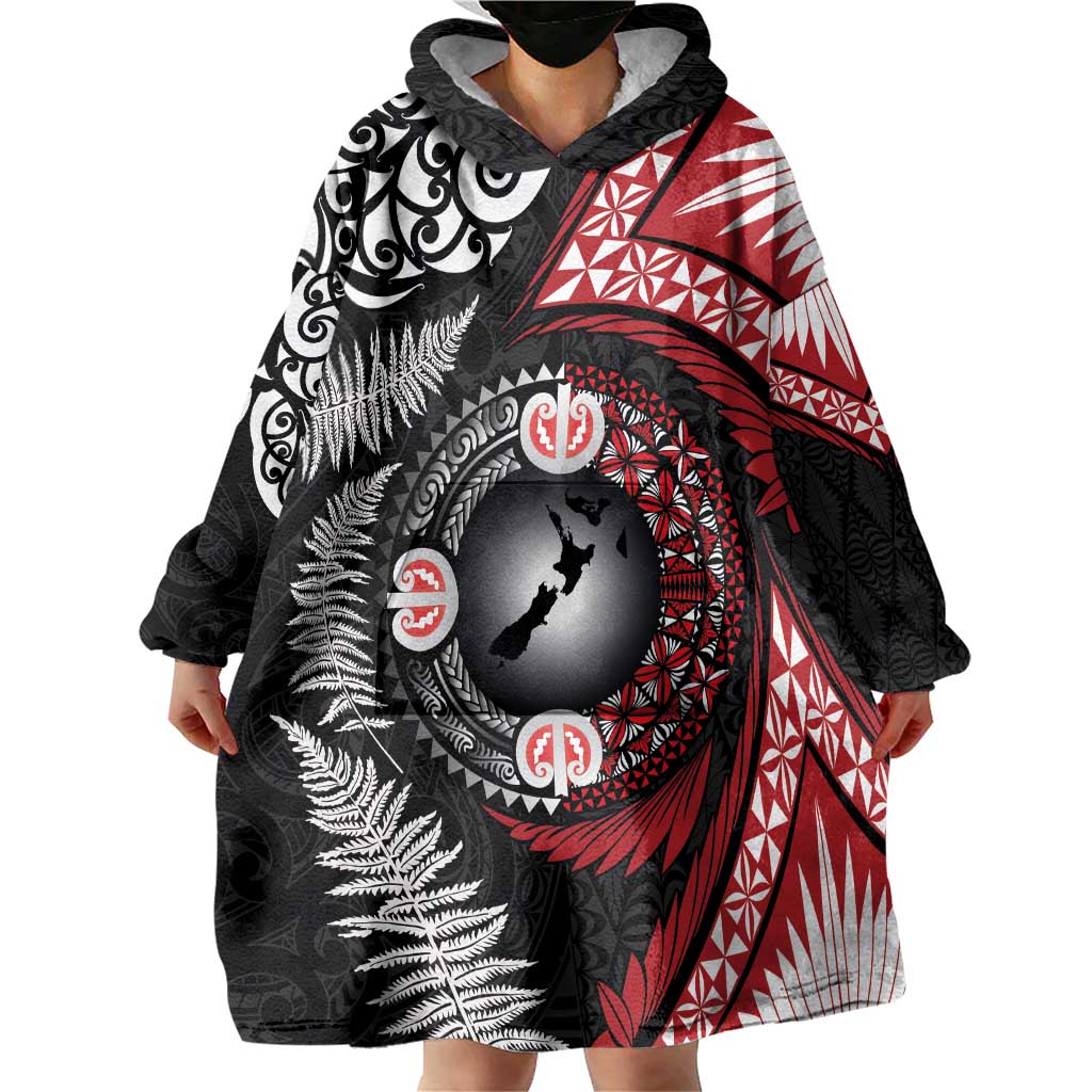Tonga and New Zealand Together Wearable Blanket Hoodie Ngatu Art Tribal Maori Tattoo and Silver Fern LT03 - Polynesian Pride