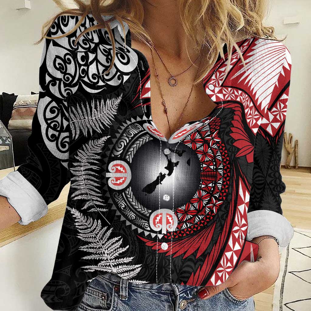 Tonga and New Zealand Together Women Casual Shirt Ngatu Art Tribal Maori Tattoo and Silver Fern LT03 Female Black - Polynesian Pride
