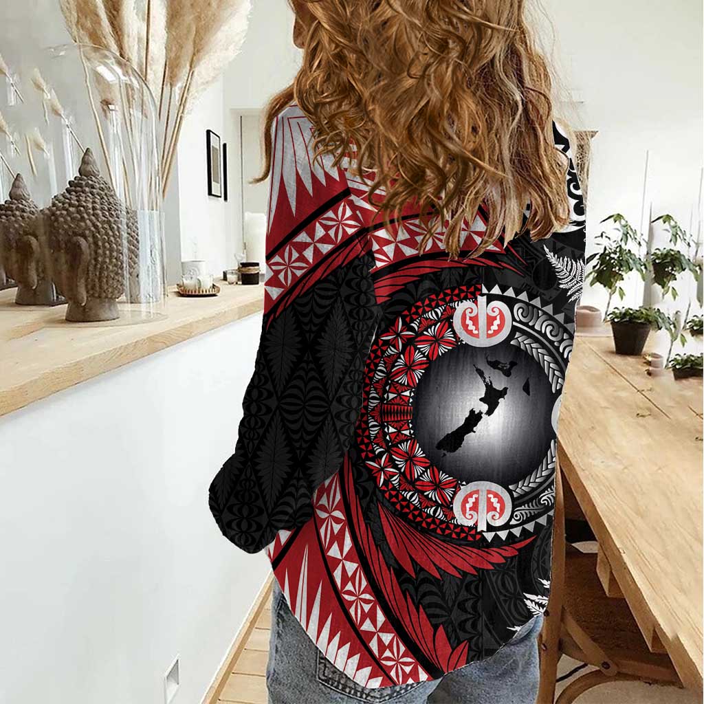 Tonga and New Zealand Together Women Casual Shirt Ngatu Art Tribal Maori Tattoo and Silver Fern LT03 - Polynesian Pride