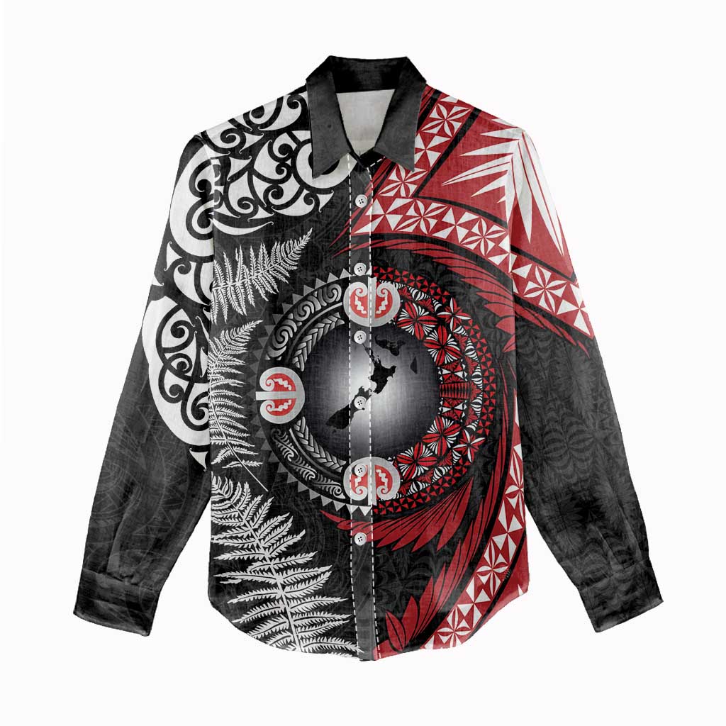 Tonga and New Zealand Together Women Casual Shirt Ngatu Art Tribal Maori Tattoo and Silver Fern LT03 - Polynesian Pride