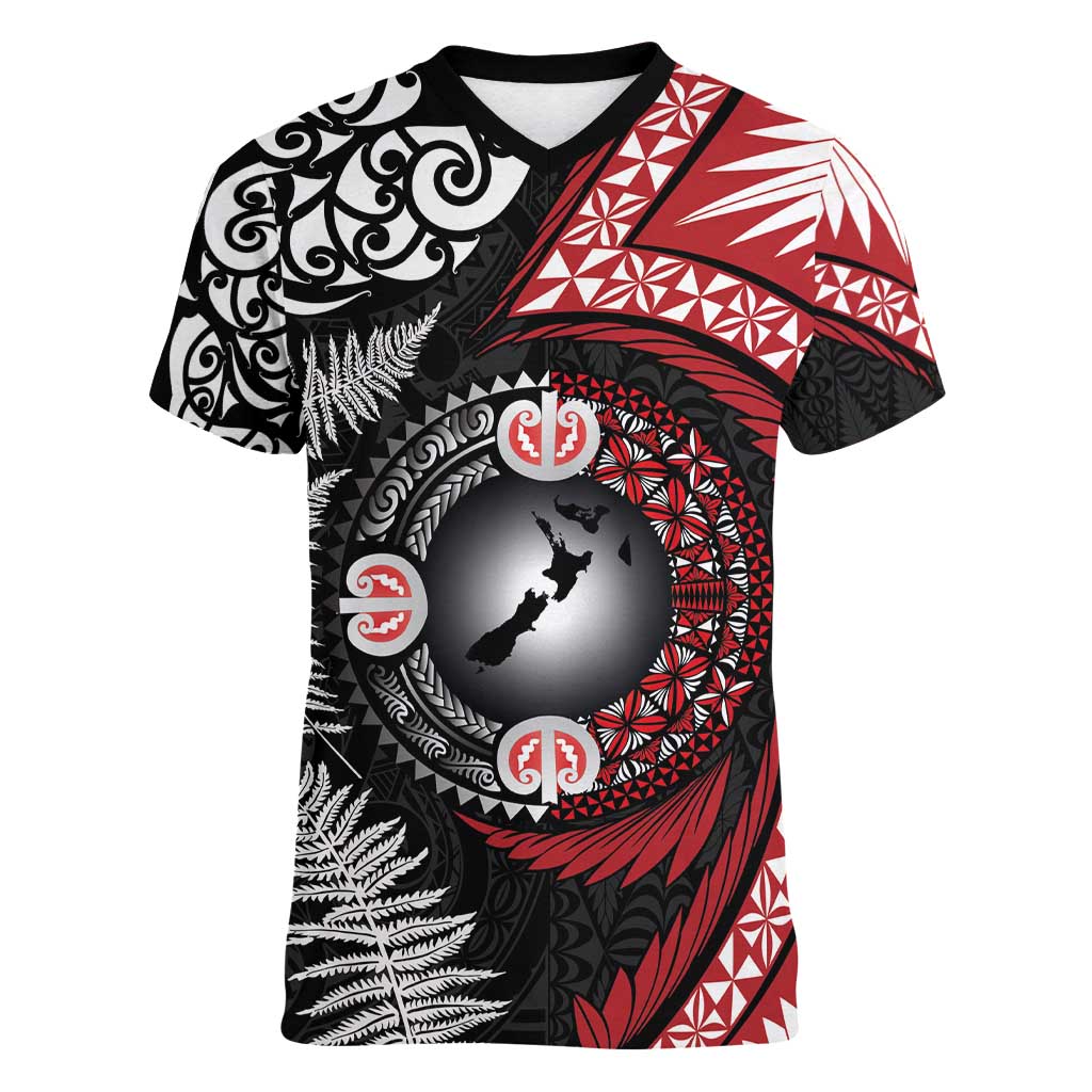 Tonga and New Zealand Together Women V-Neck T-Shirt Ngatu Art Tribal Maori Tattoo and Silver Fern LT03 Female Black - Polynesian Pride