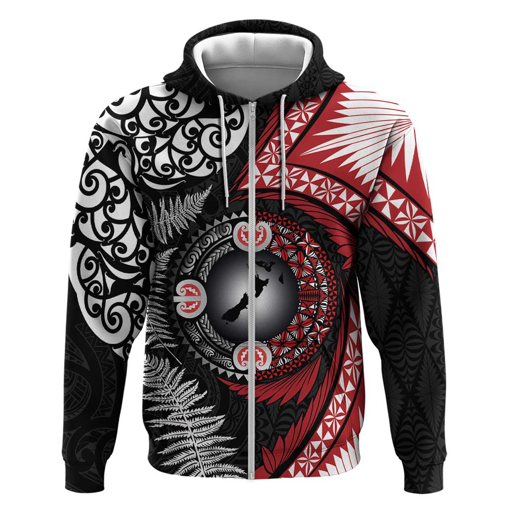 Tonga and New Zealand Together Zip Hoodie Ngatu Art Tribal Maori Tattoo and Silver Fern LT03 Zip Hoodie Black - Polynesian Pride