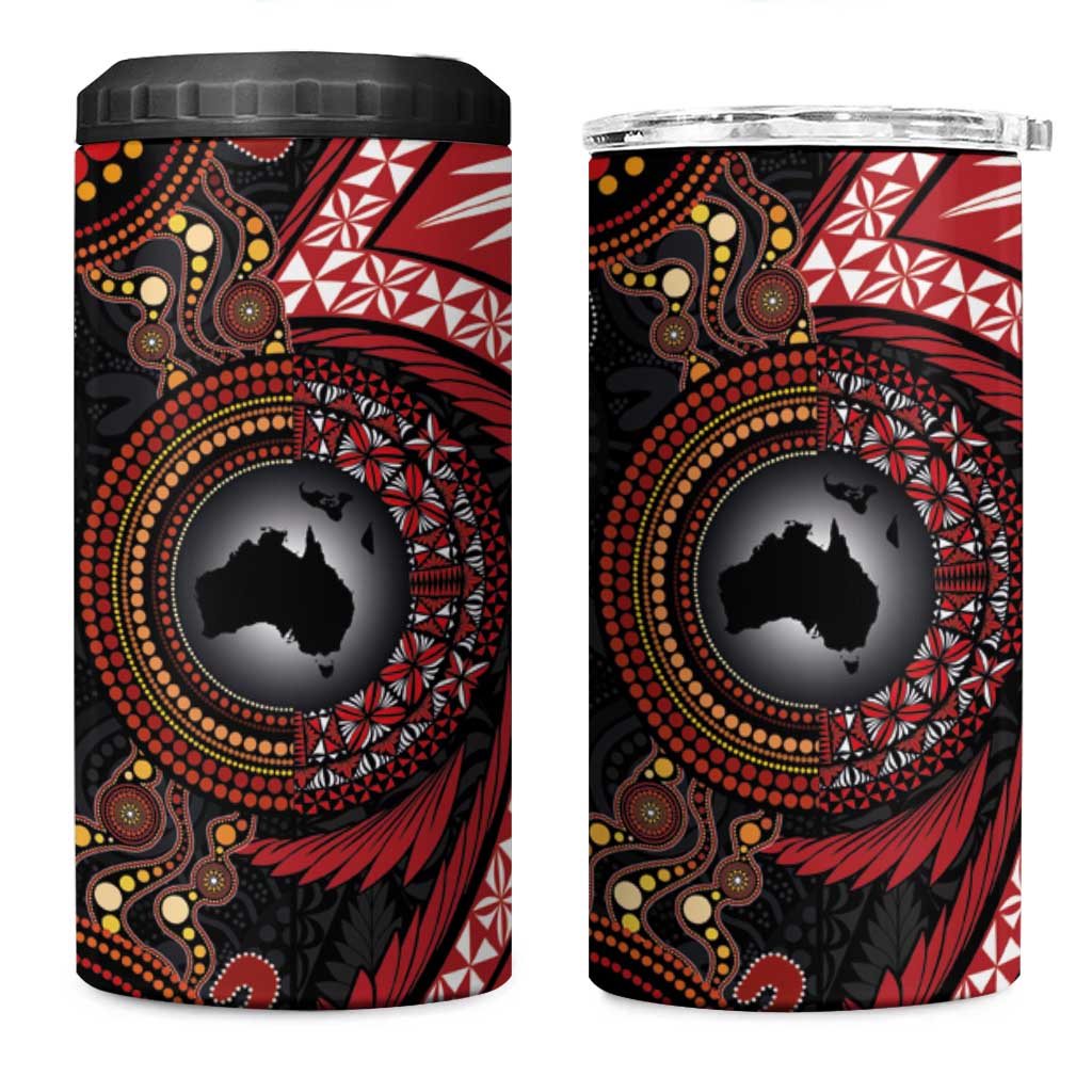 Tonga and Australia Together 4 in 1 Can Cooler Tumbler Ngatu Art Tribal-Aboriginal Tattoo Pattern