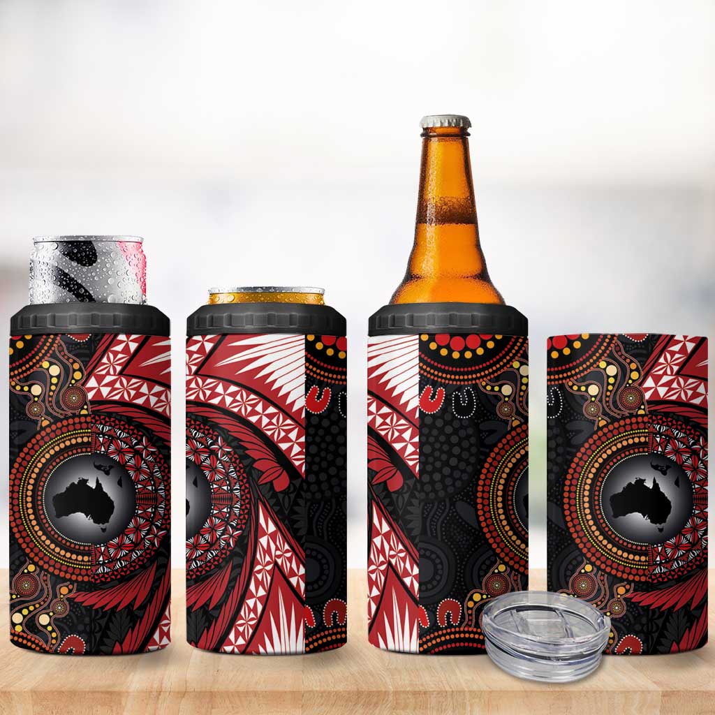 Tonga and Australia Together 4 in 1 Can Cooler Tumbler Ngatu Art Tribal-Aboriginal Tattoo Pattern
