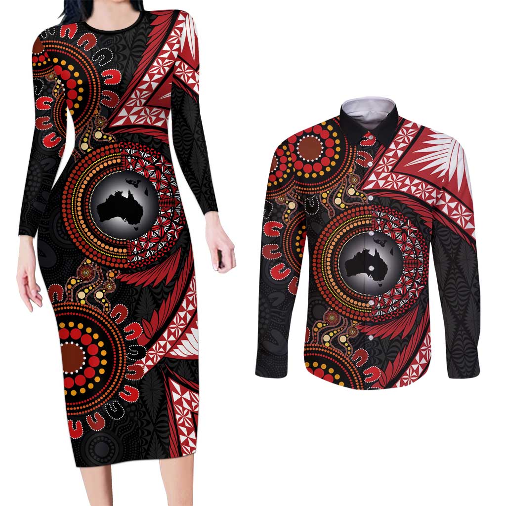Tonga and Australia Together Couples Matching Long Sleeve Bodycon Dress and Long Sleeve Button Shirt Ngatu Art Tribal Aboriginal Tattoo Pattern