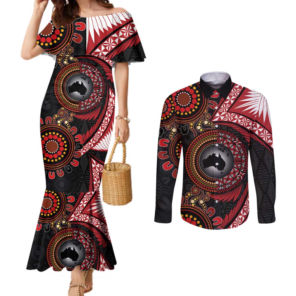 Tonga and Australia Together Couples Matching Mermaid Dress and Long Sleeve Button Shirt Ngatu Art Tribal Aboriginal Tattoo Pattern