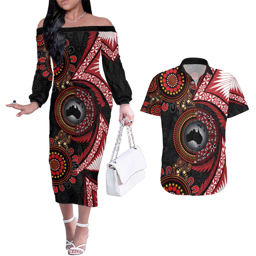 Tonga and Australia Together Couples Matching Off The Shoulder Long Sleeve Dress and Hawaiian Shirt Ngatu Art Tribal Aboriginal Tattoo Pattern