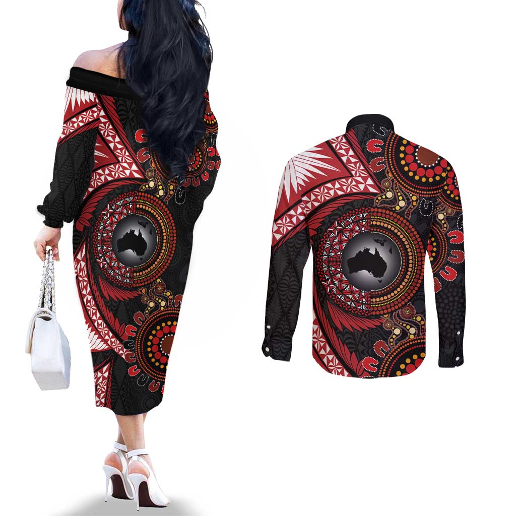 Tonga and Australia Together Couples Matching Off The Shoulder Long Sleeve Dress and Long Sleeve Button Shirt Ngatu Art Tribal Aboriginal Tattoo Pattern