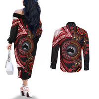 Tonga and Australia Together Couples Matching Off The Shoulder Long Sleeve Dress and Long Sleeve Button Shirt Ngatu Art Tribal Aboriginal Tattoo Pattern