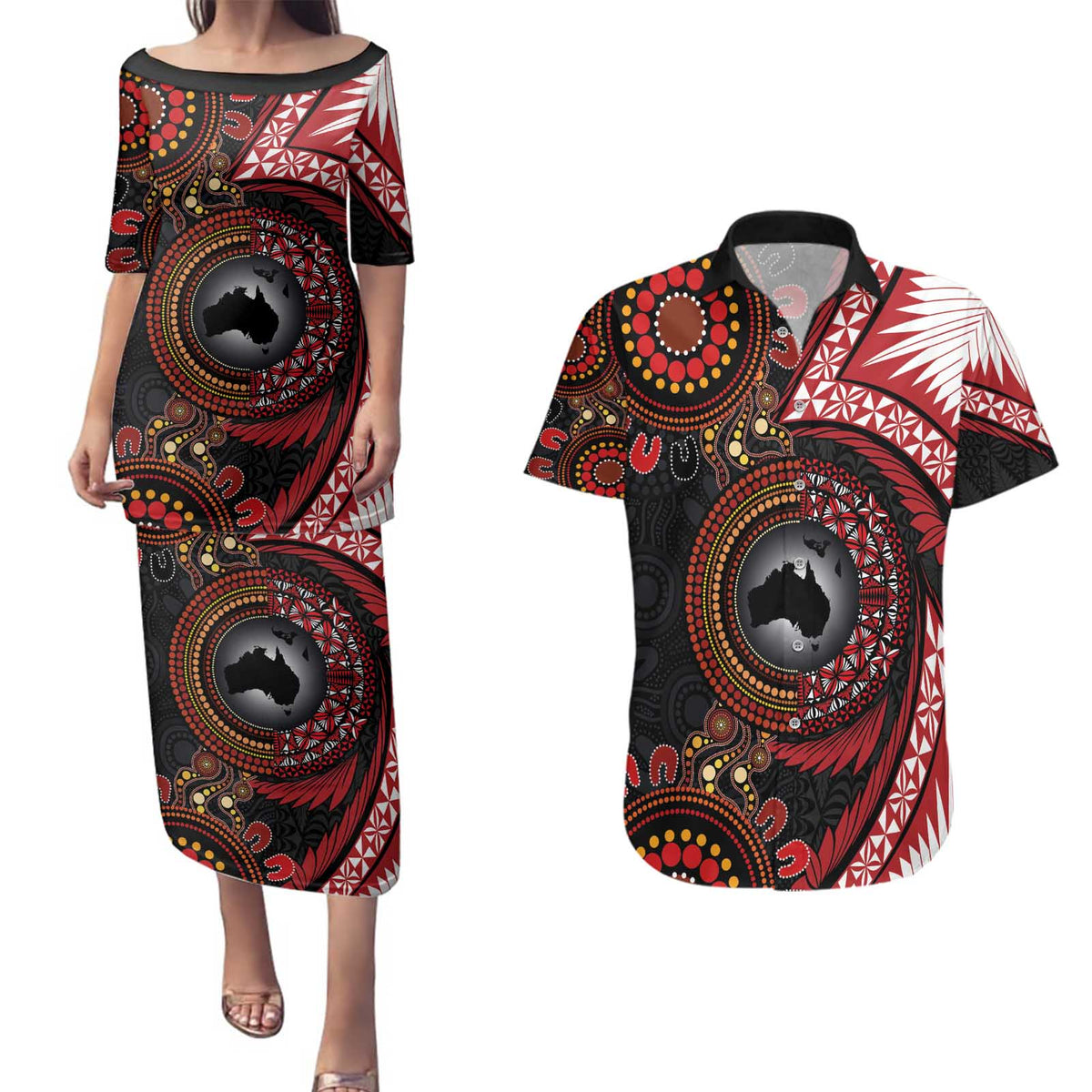 Tonga and Australia Together Couples Matching Puletasi and Hawaiian Shirt Ngatu Art Tribal Aboriginal Tattoo Pattern