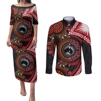 Tonga and Australia Together Couples Matching Puletasi and Long Sleeve Button Shirt Ngatu Art Tribal Aboriginal Tattoo Pattern