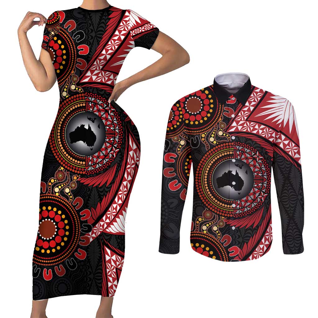 Tonga and Australia Together Couples Matching Short Sleeve Bodycon Dress and Long Sleeve Button Shirt Ngatu Art Tribal Aboriginal Tattoo Pattern
