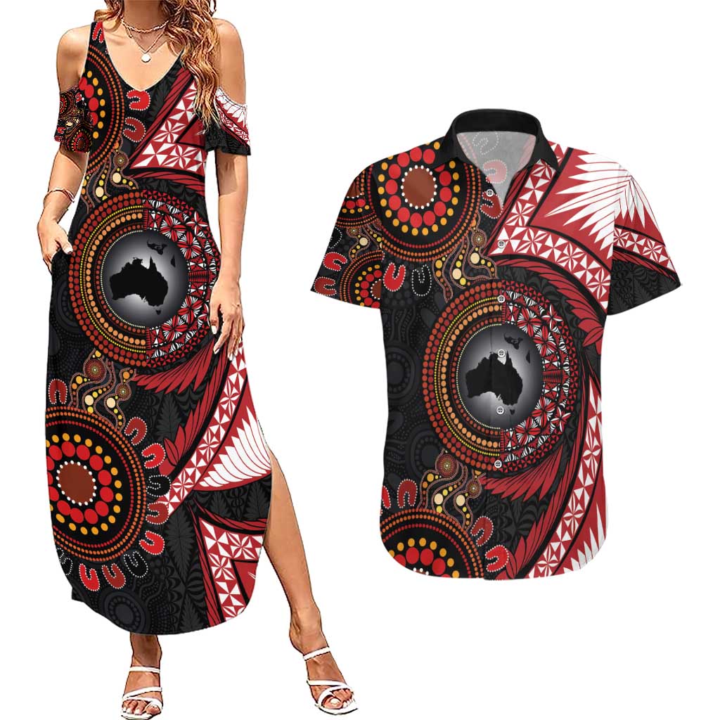 Tonga and Australia Together Couples Matching Summer Maxi Dress and Hawaiian Shirt Ngatu Art Tribal Aboriginal Tattoo Pattern