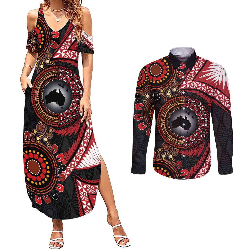 Tonga and Australia Together Couples Matching Summer Maxi Dress and Long Sleeve Button Shirt Ngatu Art Tribal Aboriginal Tattoo Pattern