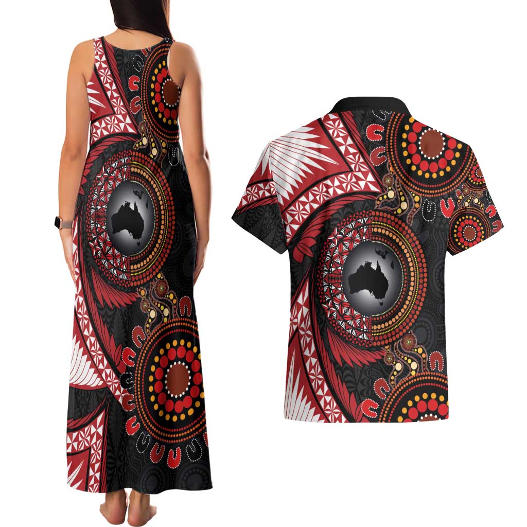 Tonga and Australia Together Couples Matching Tank Maxi Dress and Hawaiian Shirt Ngatu Art Tribal Aboriginal Tattoo Pattern