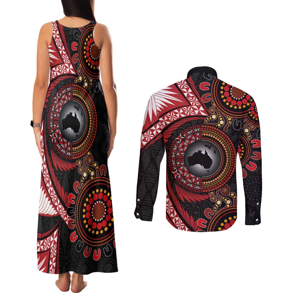 Tonga and Australia Together Couples Matching Tank Maxi Dress and Long Sleeve Button Shirt Ngatu Art Tribal Aboriginal Tattoo Pattern