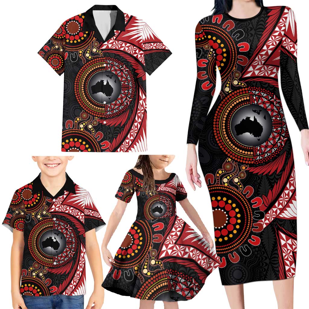 Tonga and Australia Together Family Matching Long Sleeve Bodycon Dress and Hawaiian Shirt Ngatu Art Tribal Aboriginal Tattoo Pattern LT03 - Polynesian Pride