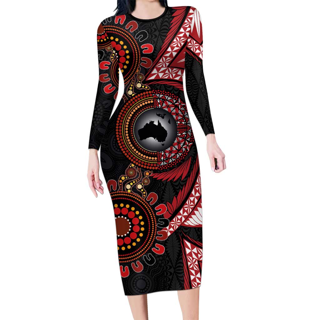 Tonga and Australia Together Family Matching Long Sleeve Bodycon Dress and Hawaiian Shirt Ngatu Art Tribal Aboriginal Tattoo Pattern LT03 Mom's Dress Black - Polynesian Pride