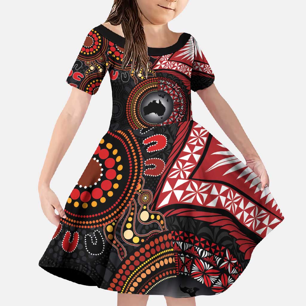 Tonga and Australia Together Family Matching Mermaid Dress and Hawaiian Shirt Ngatu Art Tribal Aboriginal Tattoo Pattern LT03 Daughter's Dress Black - Polynesian Pride
