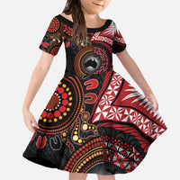 Tonga and Australia Together Family Matching Mermaid Dress and Hawaiian Shirt Ngatu Art Tribal Aboriginal Tattoo Pattern LT03 Daughter's Dress Black - Polynesian Pride