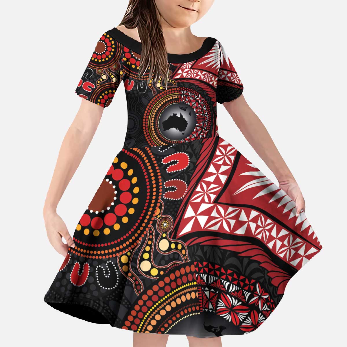 Tonga and Australia Together Family Matching Off The Shoulder Long Sleeve Dress and Hawaiian Shirt Ngatu Art Tribal Aboriginal Tattoo Pattern