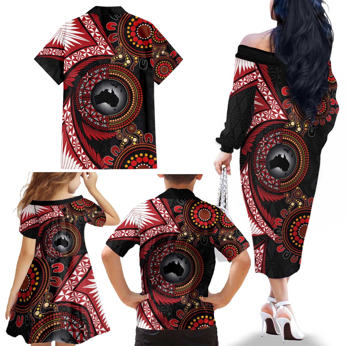 Tonga and Australia Together Family Matching Off The Shoulder Long Sleeve Dress and Hawaiian Shirt Ngatu Art Tribal Aboriginal Tattoo Pattern