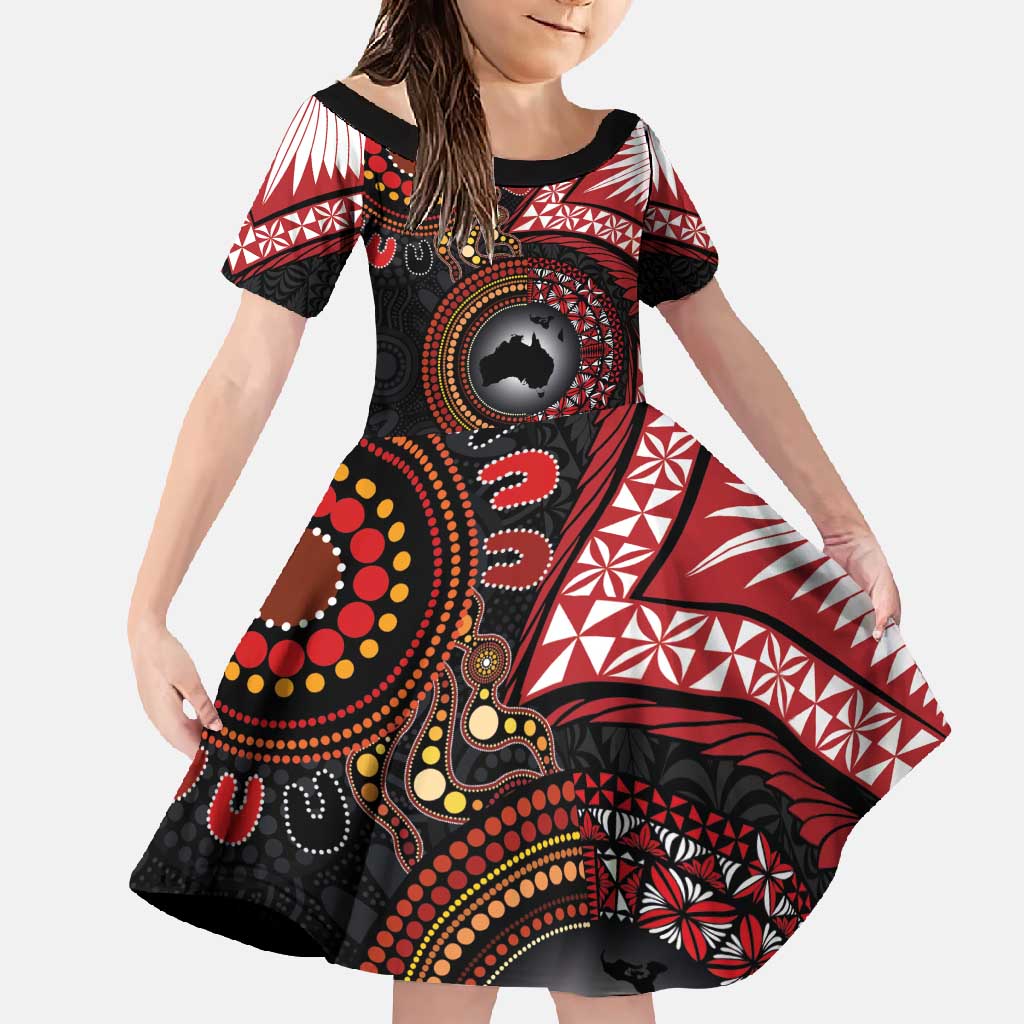 Tonga and Australia Together Family Matching Off Shoulder Maxi Dress and Hawaiian Shirt Ngatu Art Tribal Aboriginal Tattoo Pattern LT03 Daughter's Dress Black - Polynesian Pride