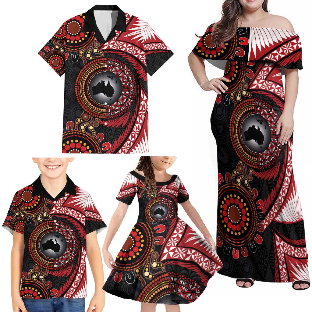Tonga and Australia Together Family Matching Off Shoulder Maxi Dress and Hawaiian Shirt Ngatu Art Tribal Aboriginal Tattoo Pattern LT03 - Polynesian Pride