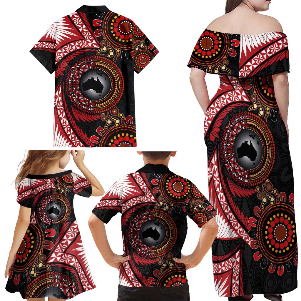 Tonga and Australia Together Family Matching Off Shoulder Maxi Dress and Hawaiian Shirt Ngatu Art Tribal Aboriginal Tattoo Pattern LT03 - Polynesian Pride