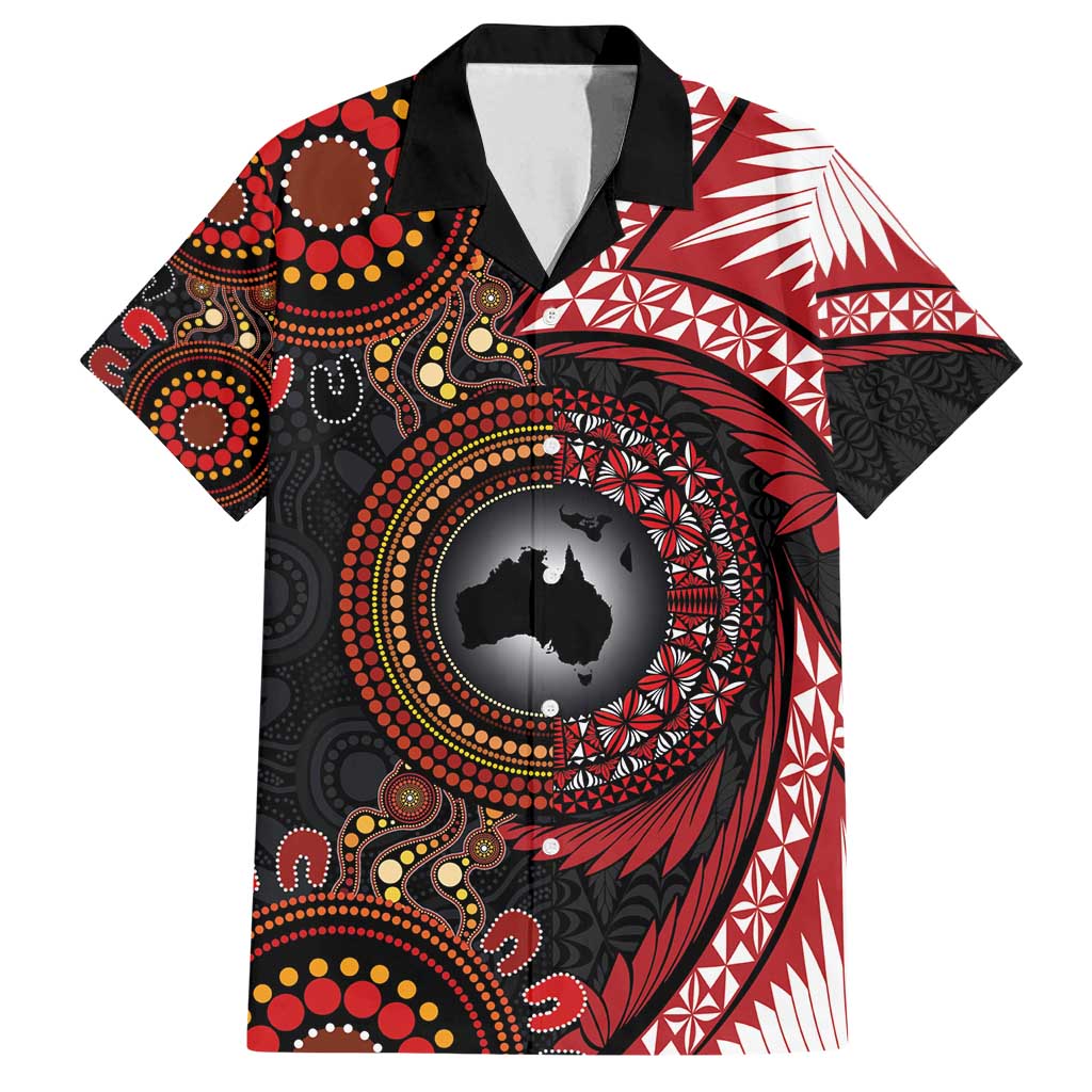 Tonga and Australia Together Family Matching Off Shoulder Maxi Dress and Hawaiian Shirt Ngatu Art Tribal Aboriginal Tattoo Pattern LT03 Dad's Shirt - Short Sleeve Black - Polynesian Pride